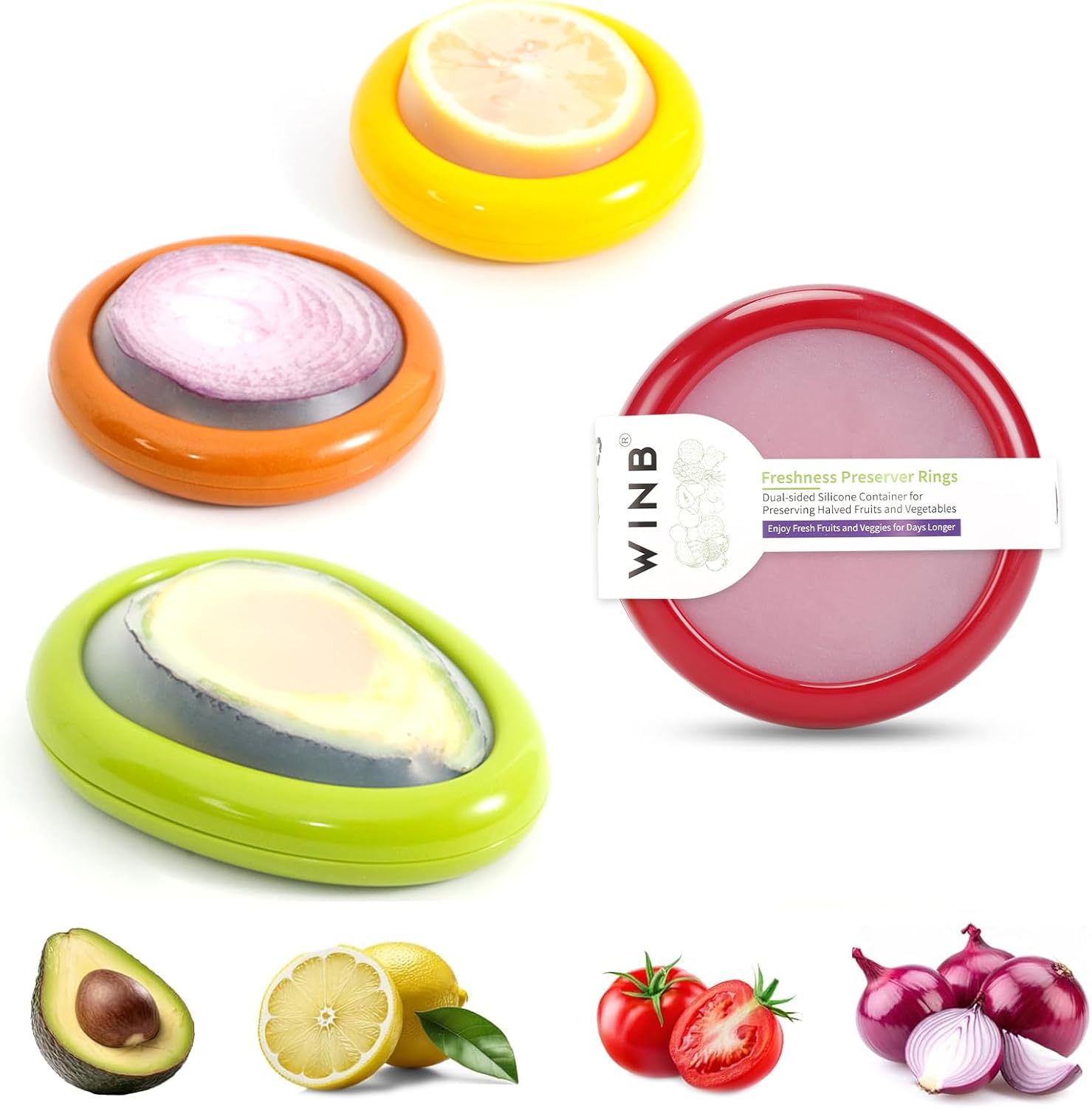 Winb Set of 4 Reusable Fruit and Veggie Savers - Ideal for Avocados, Tomatoes, Apples, Garlic, Onions, and More Quick Pick Grocers